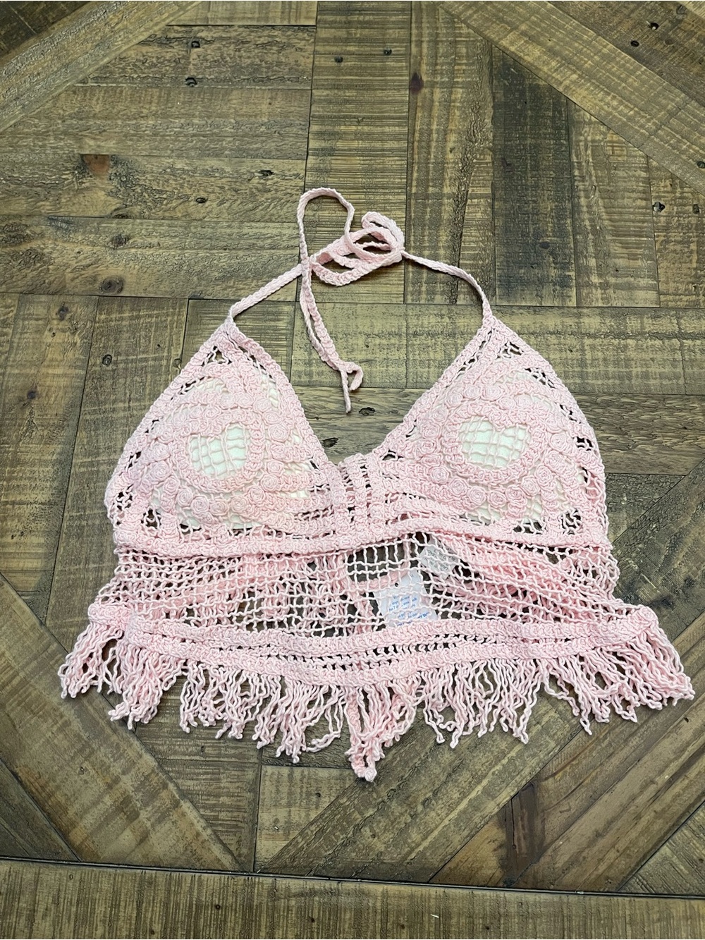 TIMING Pink Crochet Halter Crop Top Boho Fringe Bralette M/L